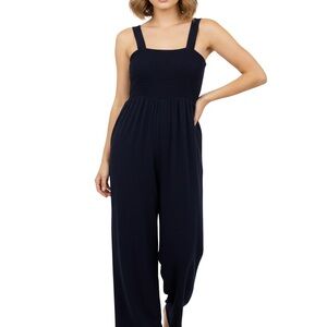 Women's Navy Wide-Leg Jumpsuit with Smocked Bodice